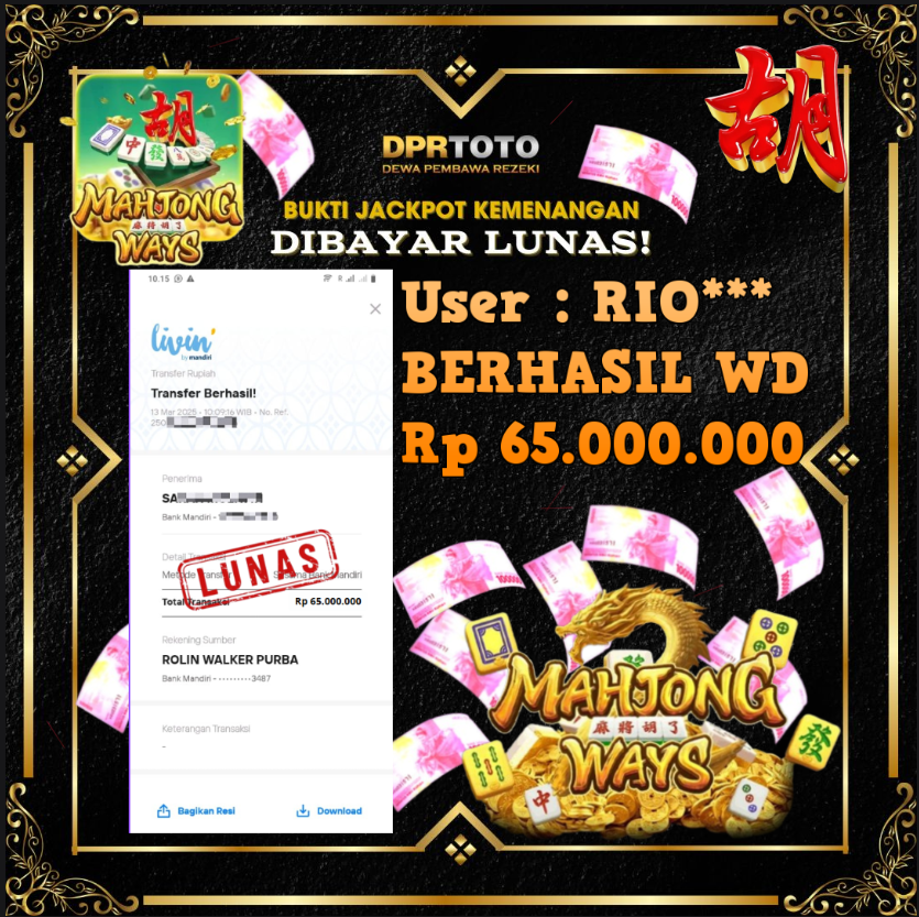 KEMENANGAN BESAR JACKPOT MAHJONG WAYS WD 65.000.000 - LUNAS